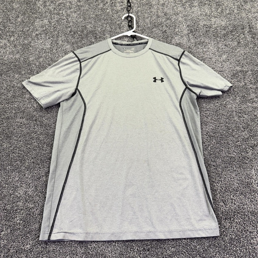 Under Armour Shirt Mens Medium Gray HeatGear Fitted Mesh Tee Running Gym